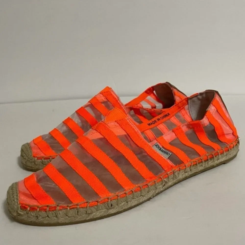 Jay & Mario Neon Orange Striped Sheer Mesh Slip On Espadrilles Size 8 New